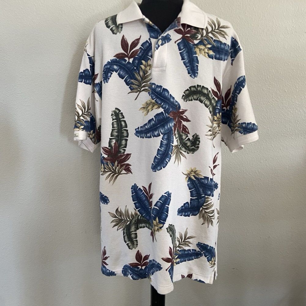 Chaps Ralph Lauren Tropical Print Short Sleeve Ribbed Polo Size Large Cotton